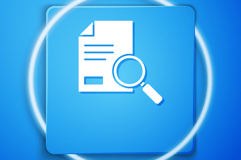 White Document with search icon isolated on blue background. File and magnifying glass icon. Analytics research sign. Blue square button.