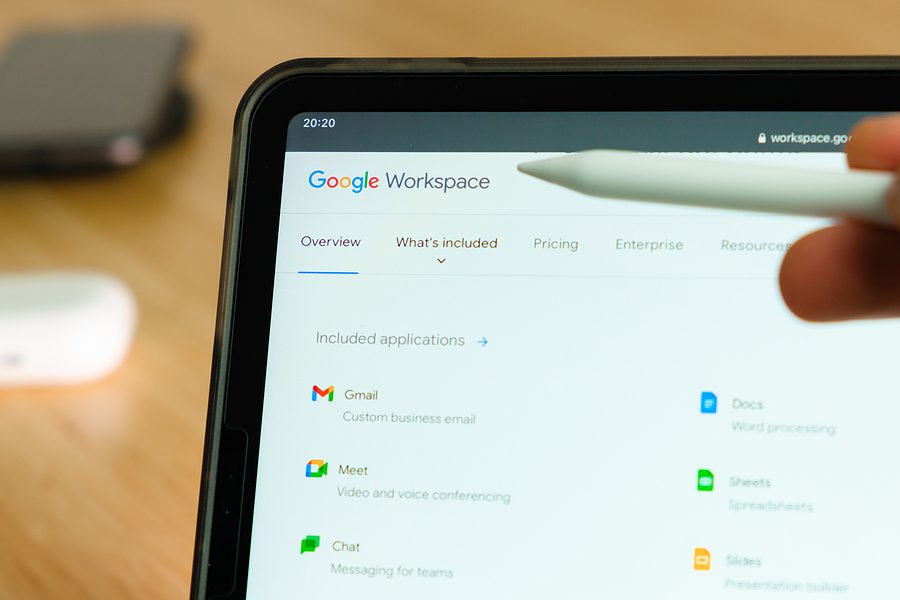 Google Workspace logo shown by apple pencil on the iPad Pro tablet screen