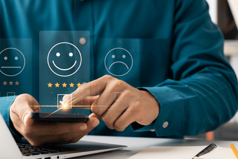 User giving rating to service experience on online application, Customer review satisfaction feedback survey concept, M-Files gives better UX with new changes