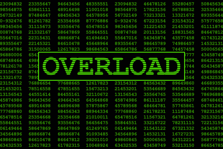 Digital numbers in the background with Overload written in large letters representing what this error message would look like on a computer screen for too much data.