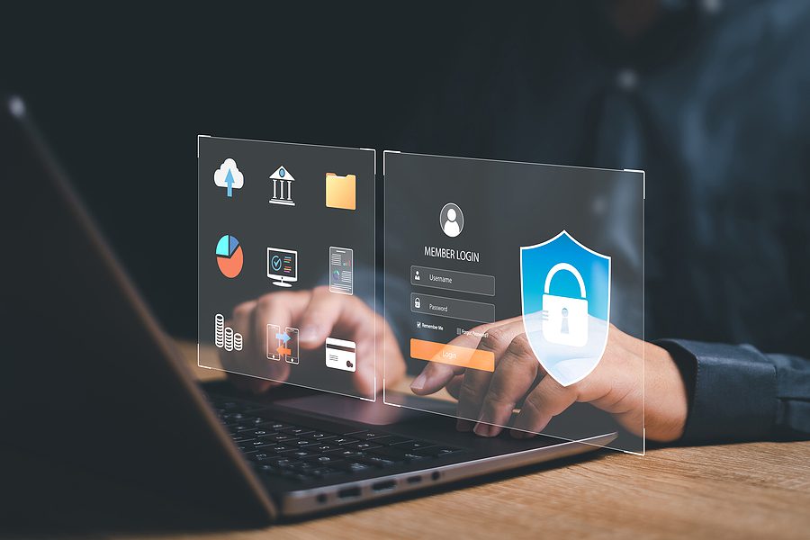 Data management privacy security cybersecurity concept, Businessman use laptop with a login screen cybersecurity and protection data secure internet access Future technology and cybernetics, internet