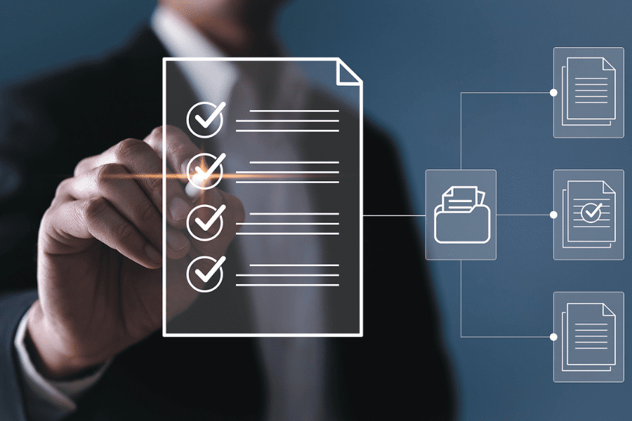 Electronic smart checklist and document on virtual screens concept, businesspeople check electronic documents on digital documents, paperless offices, working on borderless communication technology, M-Files Ment