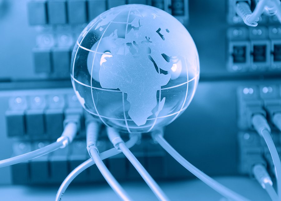 globe with network cables and servers in a technology data center to represent Single Source of Truth (SSOT)