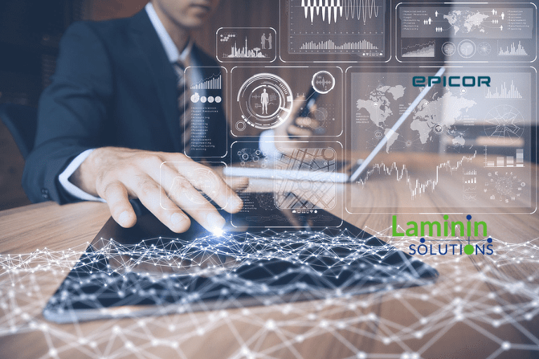 person using tablet with business intelligence AI layover