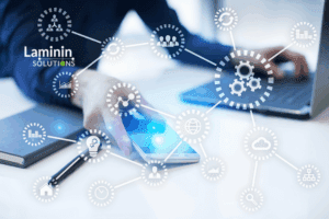 person using various methods to work with ERP - laptop, tablet, mobile phone