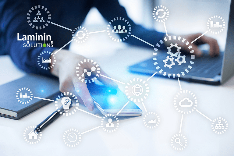 person using various methods to work with ERP - laptop, tablet, mobile phone