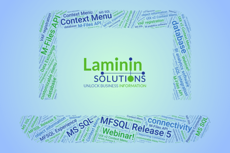 word cloud in the form of a laptop computer with words describing the new MFSQL Release 5